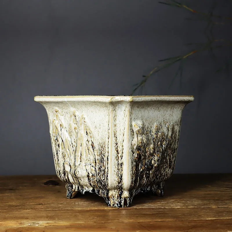 Square ceramic decals stoneware flower pot 22cm, green glaze change finish, placed on wooden desktop with small plant inside