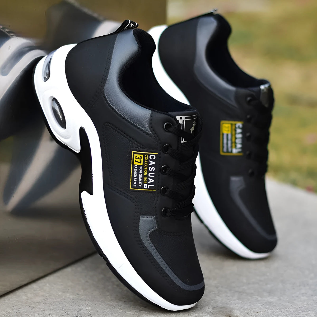 Waterproof synthetic leather casual running shoes with platform sole, lace-up, round toe, available in black breathable or white four seasons