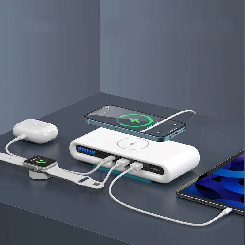 White desktop wireless charger with 15W fast charging and 8-colour atmosphere lamp functions