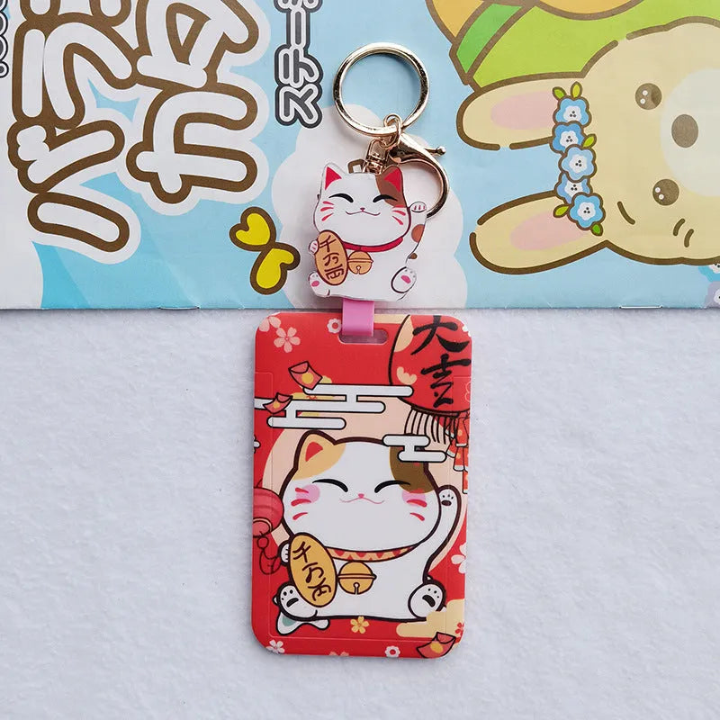 Lucky Cat cartoon theme plastic certificate sleeve set with ferrule pendant for display.
