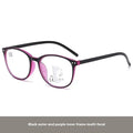 A pair of women's ultra-light presbyopic glasses with multi-focus lenses on a table, showing frame colour options.