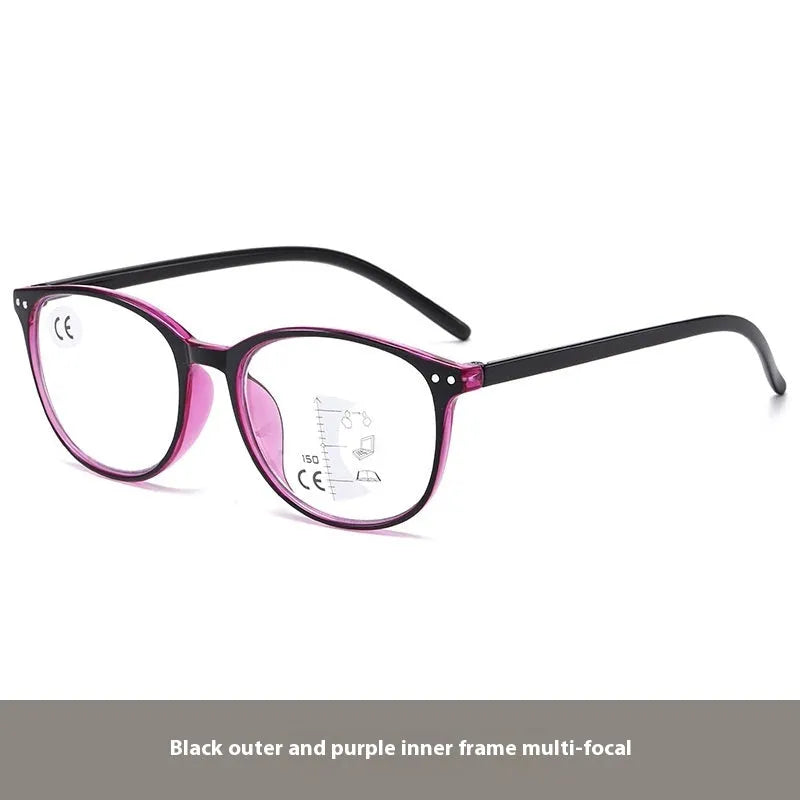 A pair of women's ultra-light presbyopic glasses with multi-focus lenses on a table, showing frame colour options.