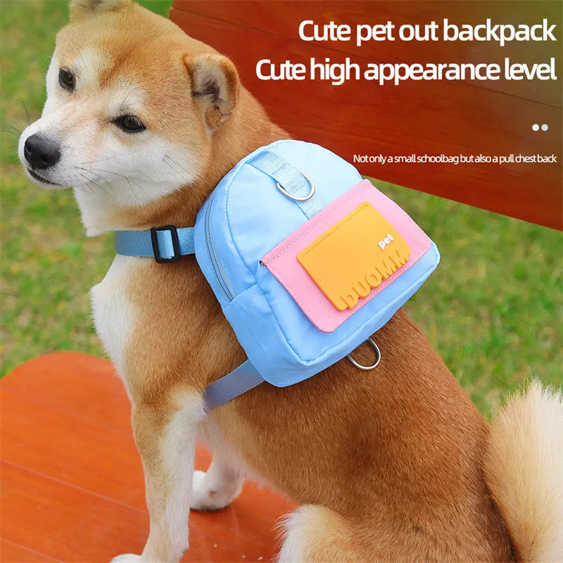 Blue adjustable pet backpack harness with storage compartments and breathable mesh panels for dogs