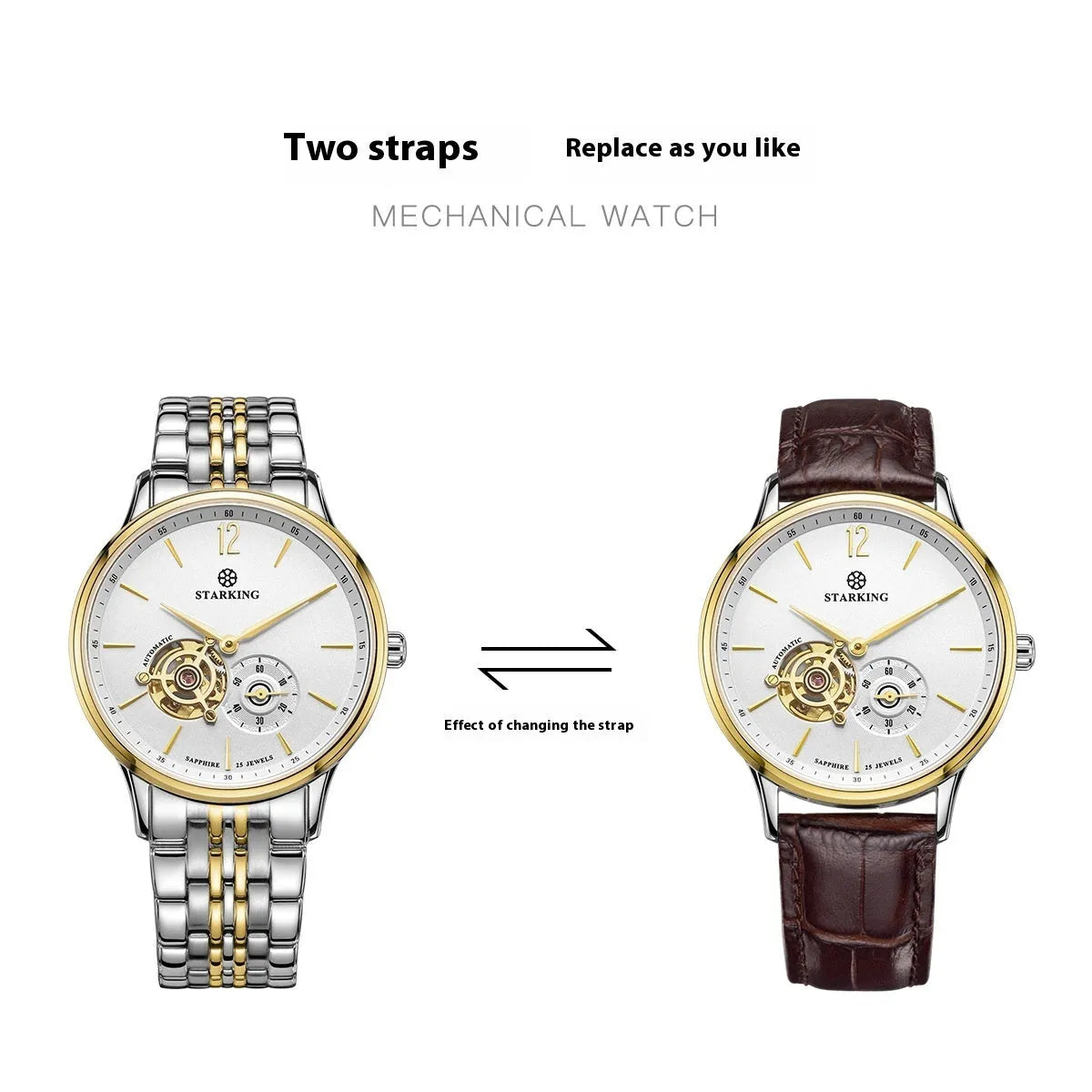 Men's automatic mechanical business watch with hollow dial showing three hands, stainless steel case, and brown leather strap
