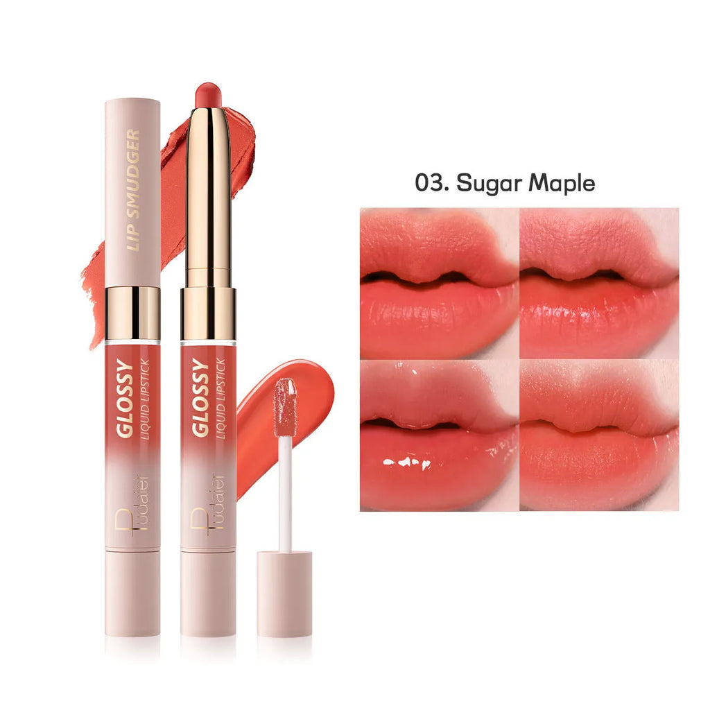 Double-headed matte finish lipstick lip gloss in one of ten colour shades with non-stick cup applicator.