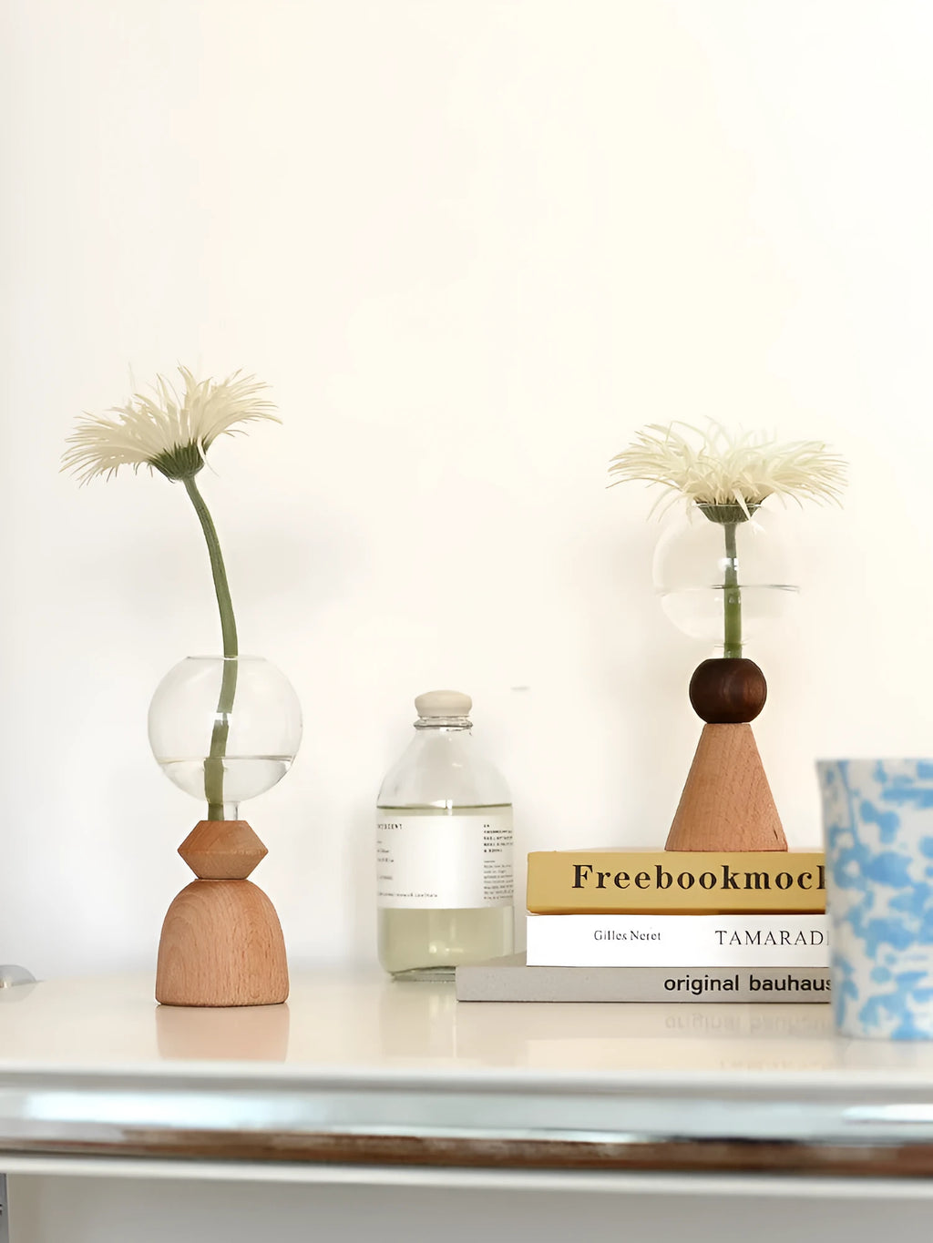 Wooden base geometric bubble vase with glass body, conical bottom, Nordic style home decor