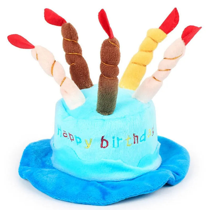 Cute pink and blue birthday hats for small dogs, shown with size scale.
