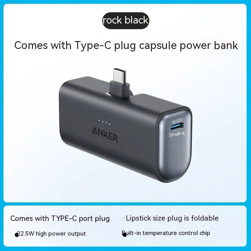 Capsule-shaped 5000mAh power bank with foldable USB-C cable in five colour options