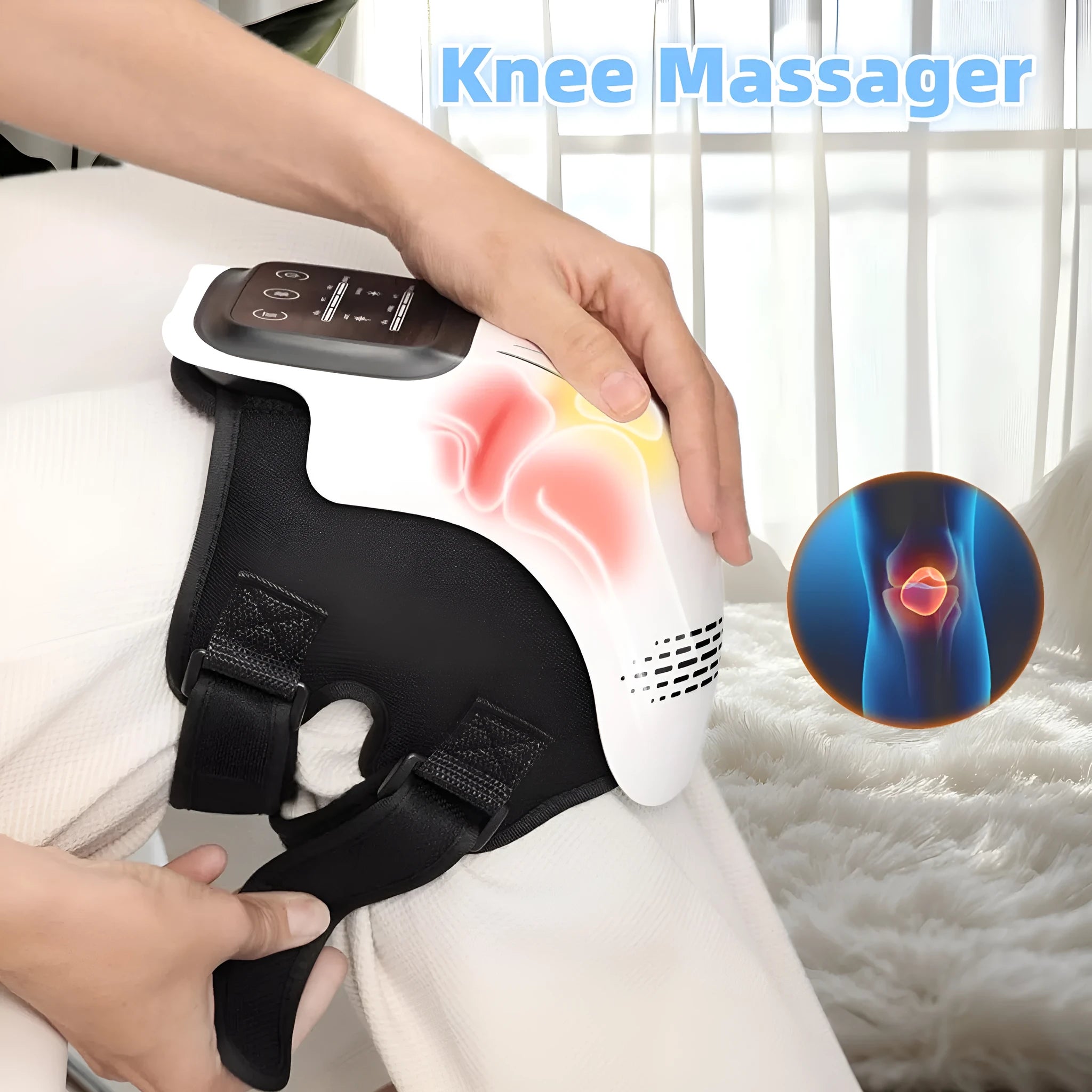 White electric knee massager with adjustable straps showing infrared heating and kneading mechanisms