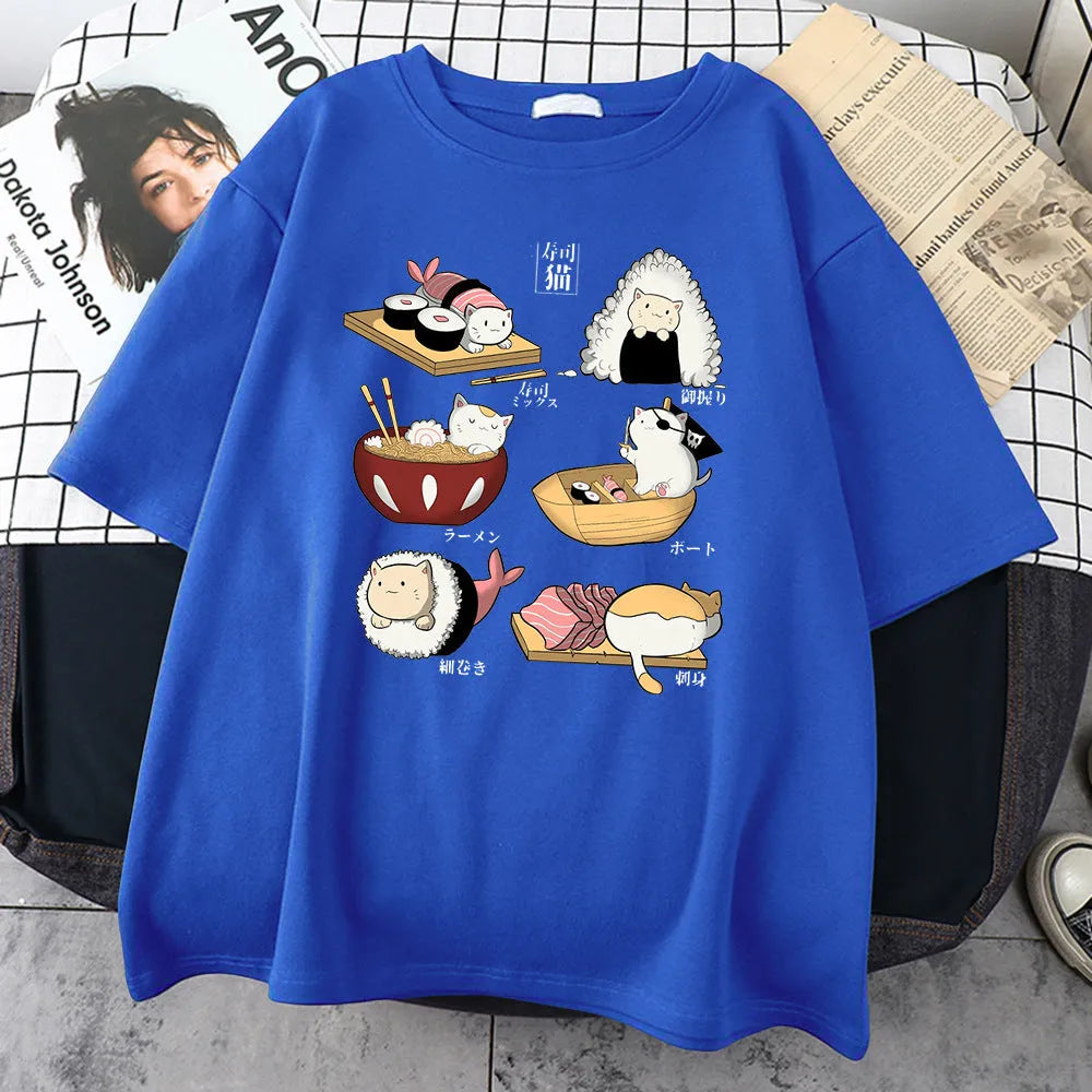 Men's grey Cat Sushi cartoon graphic printed on a loose-fit cotton short-sleeve T-shirt.