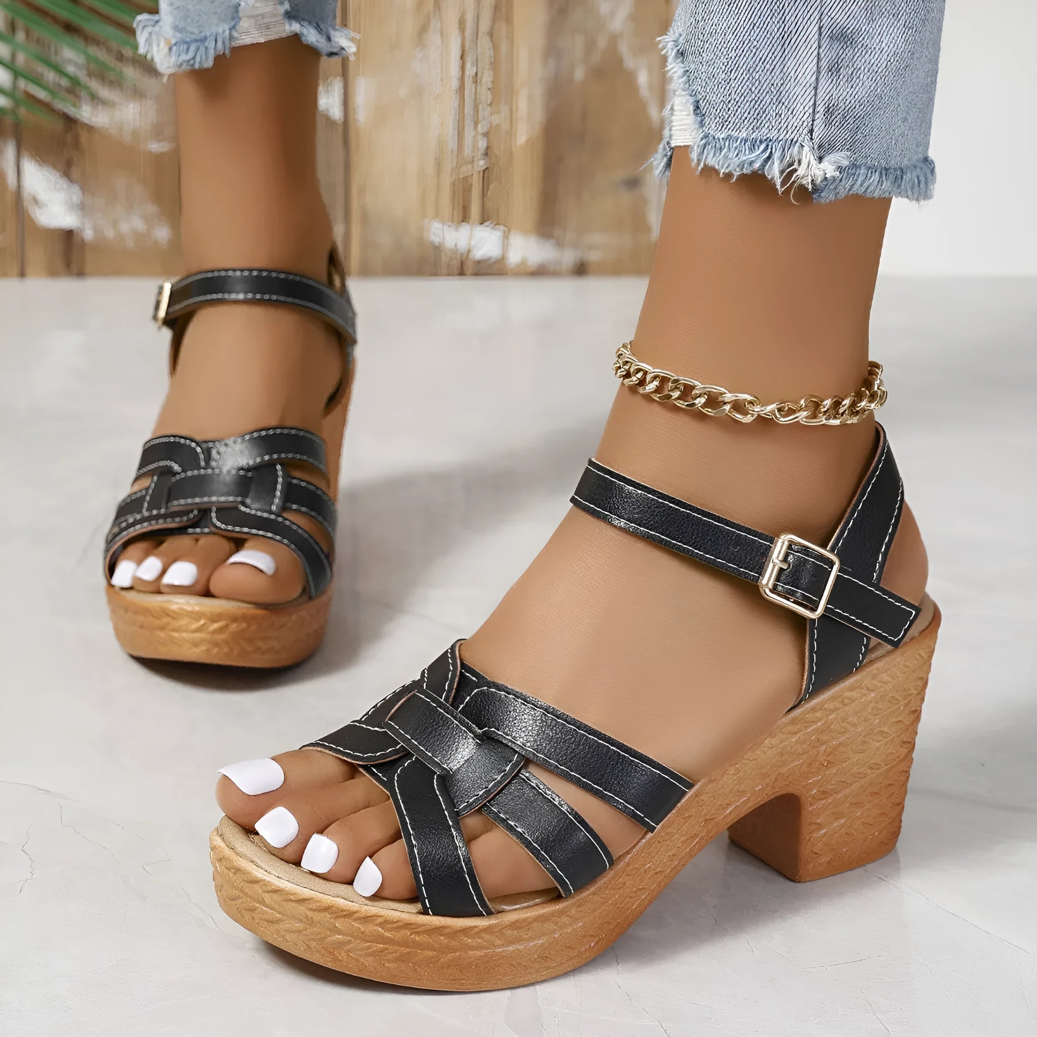 Plus size Roman women's peep toe sandals with chunky heel and ankle buckle in black, brown or white