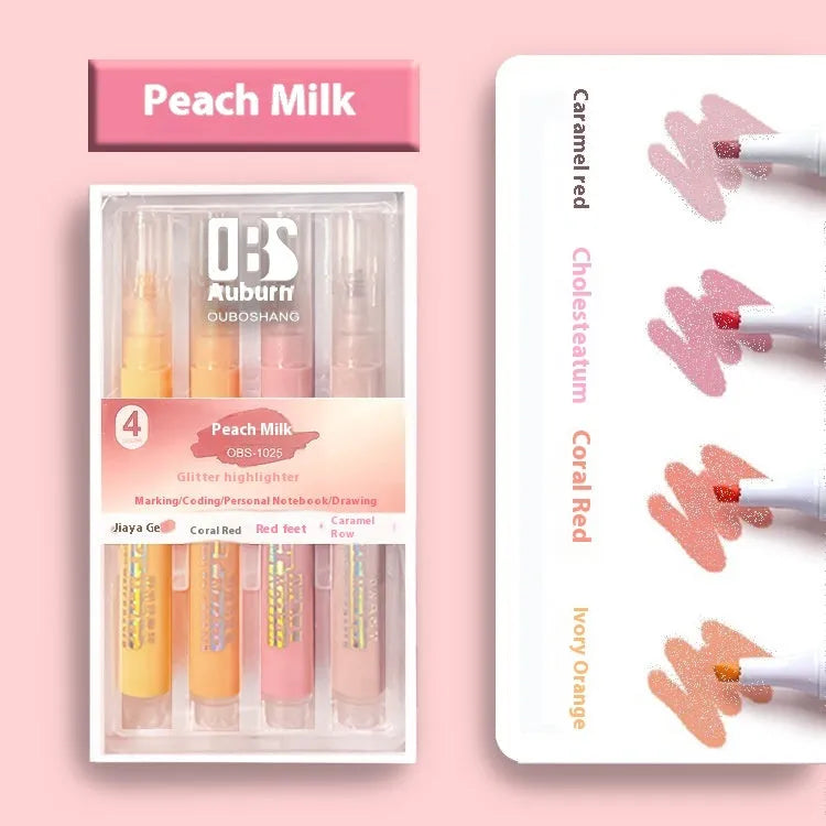 Four glitter fluorescent highlighter pens with slanted tips in six glitter ink colours