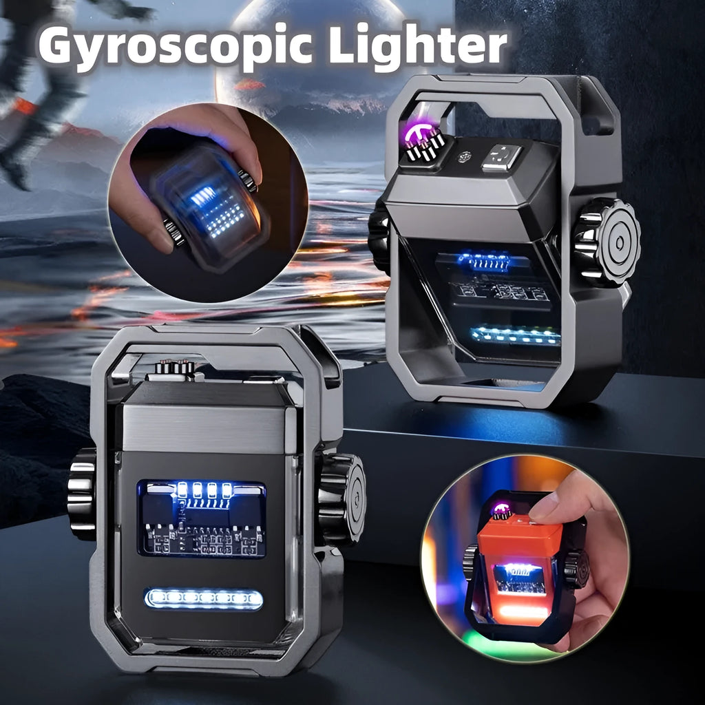 Blue windproof double arc electric lighter with a spinning mechanical gyroscope, showing folded and open positions.