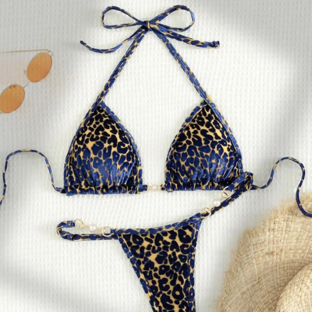 Blue leopard print swimwear bikini set with polyester and spandex fabric