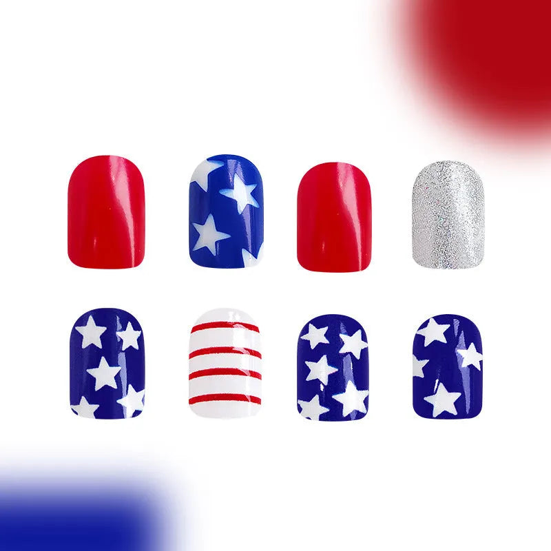 Red and blue multicolour glitter nail art tip stickers in a 4-pack for Independence Day designs.