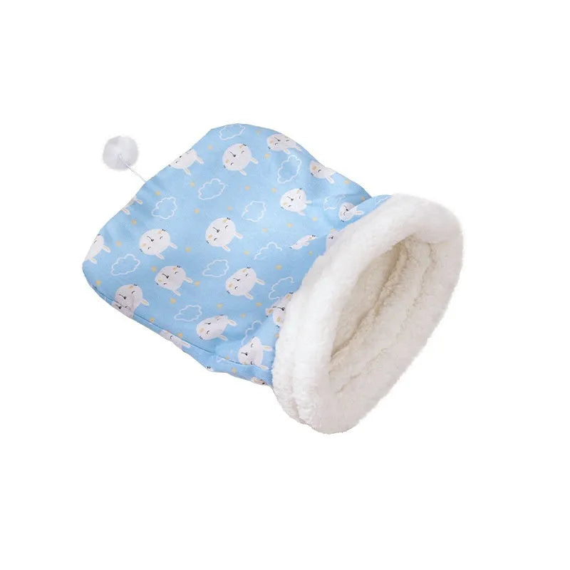 Flannel cat sleeping bag pet nest measuring 50 by 40 cm in a blue rabbit pattern.