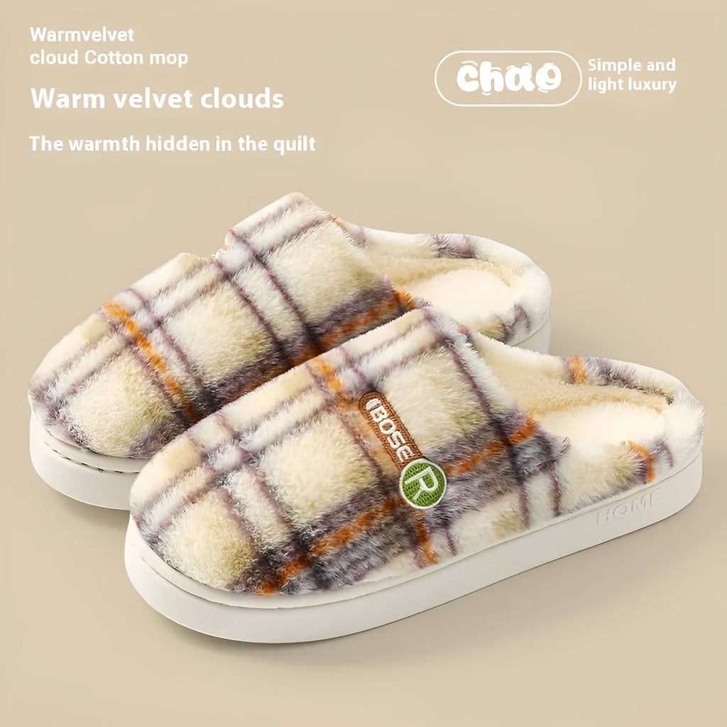 Women's plush warm non-slip plaid cotton shoes with PVC sole in yellow, green, purple, grey or coffee, sizes 36-45