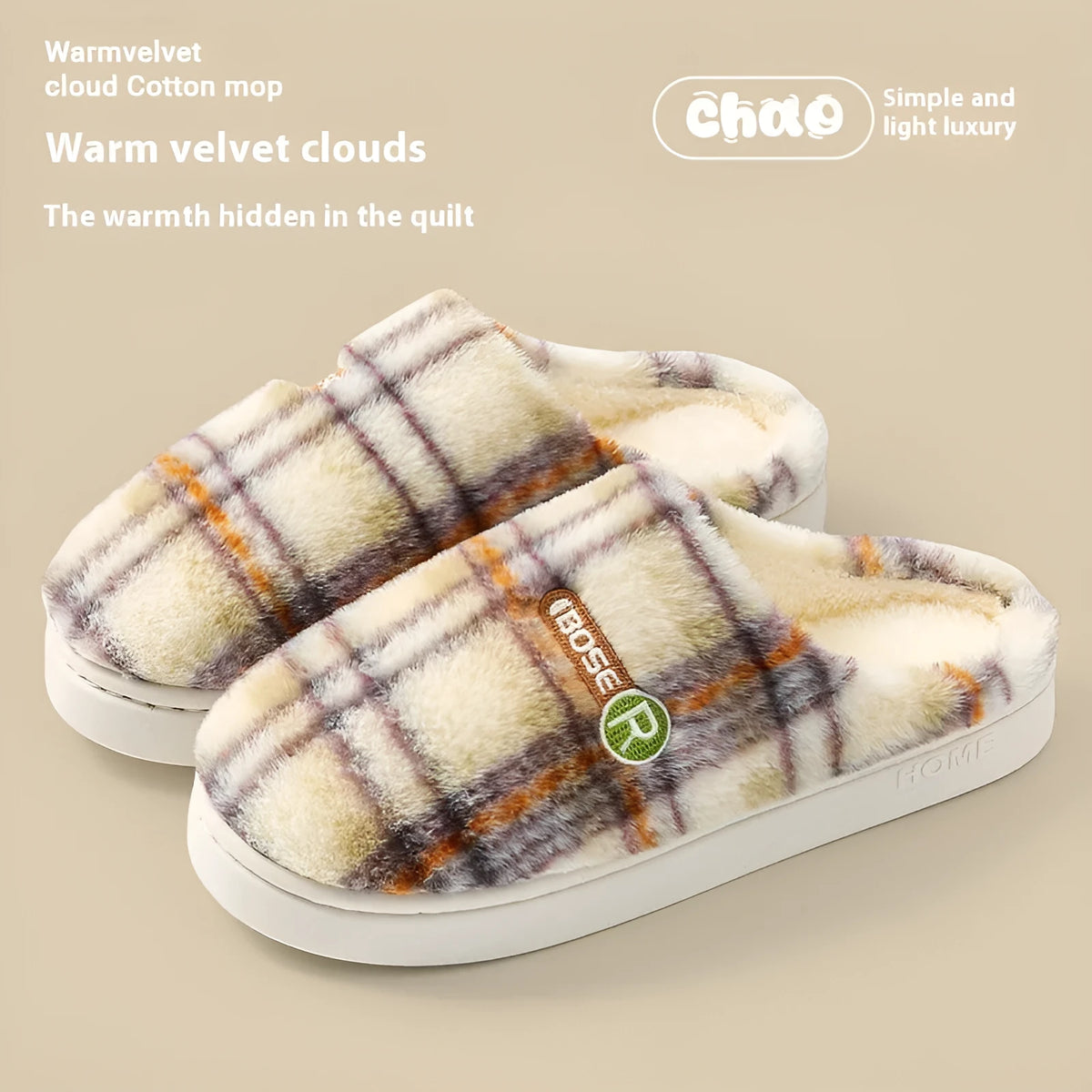 Women's plush warm non-slip plaid cotton shoes with PVC sole in yellow, green, purple, grey or coffee, sizes 36-45