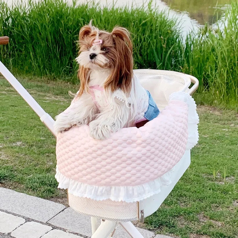 Pure cotton pet stroller three-piece set with anti-dirty towel, cushion, and pillow in striped and floral colours