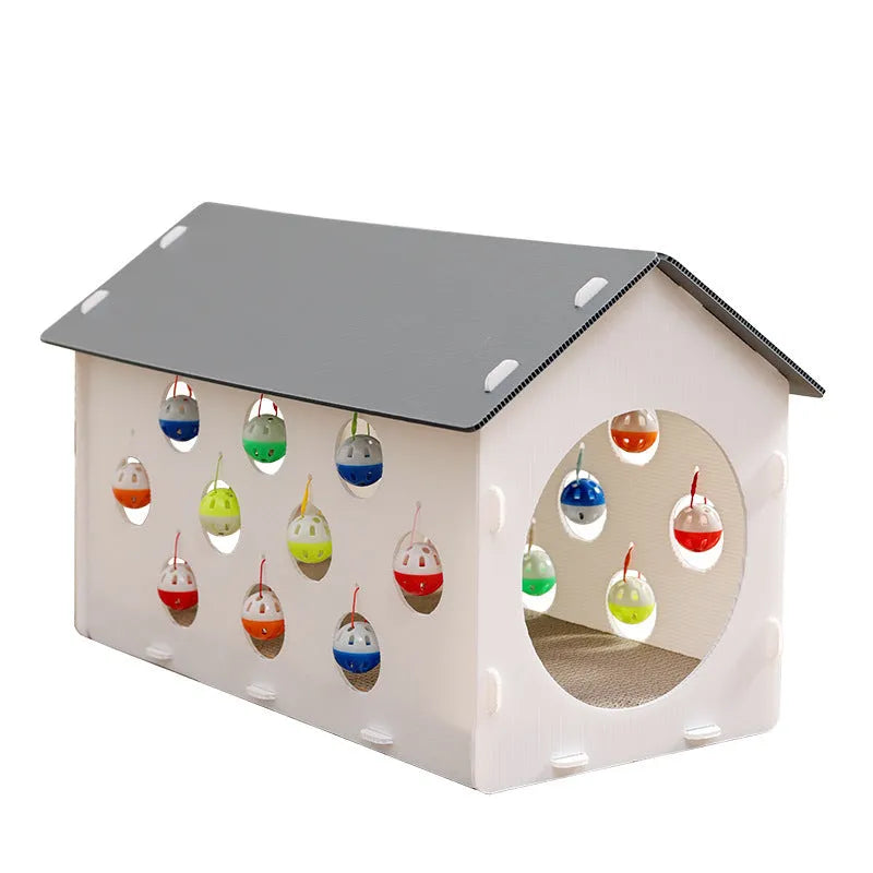 Integrated cat scratch board and nest toy with bell ball and tunnel features