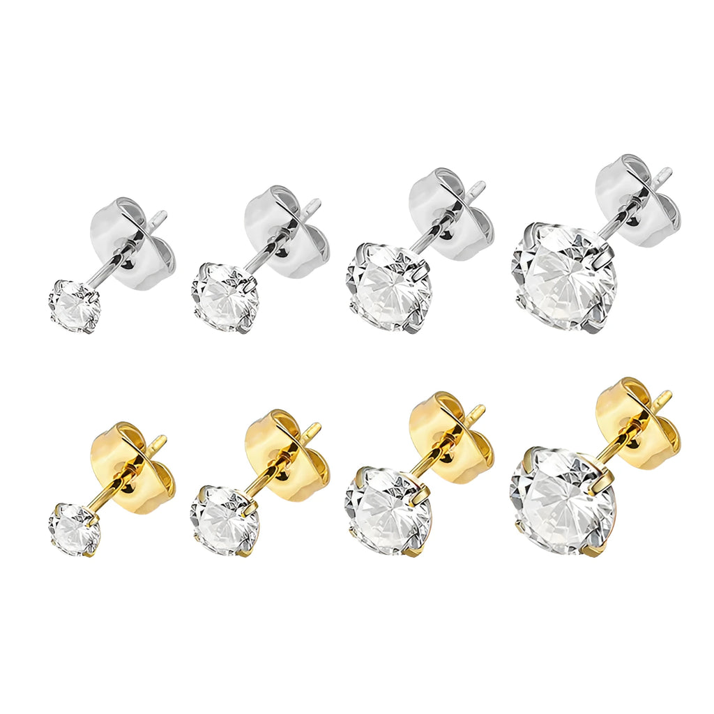 Titanium steel geometric zircon stud earrings in steel colour and gold finish with round zircon stones ranging from 2mm to 8mm