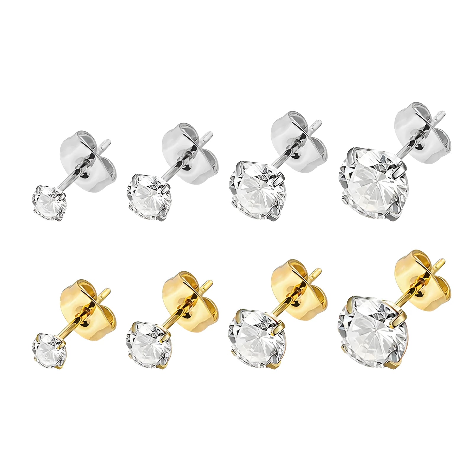 Titanium steel geometric zircon stud earrings in steel colour and gold finish with round zircon stones ranging from 2mm to 8mm