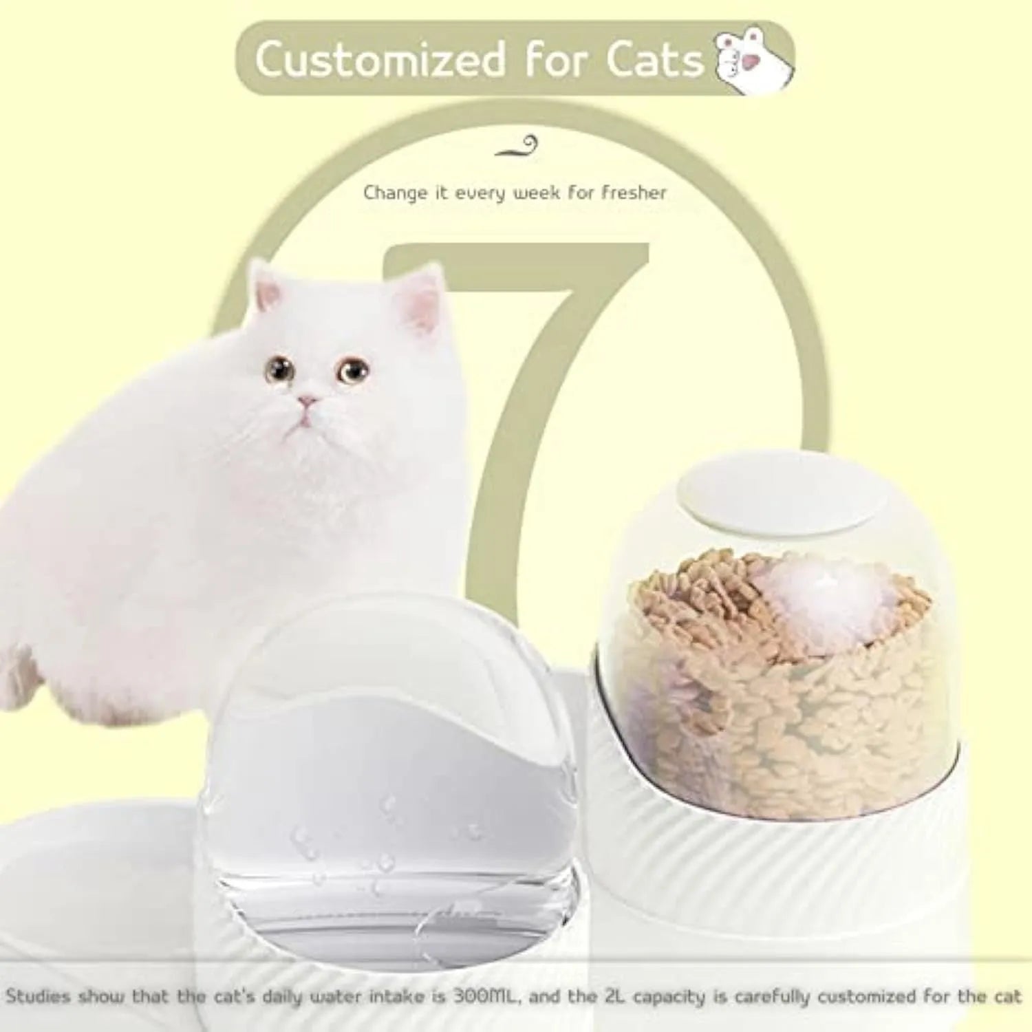 White automatic cat feeder and water dispenser set with wave-shaped design, two 2L bowls.