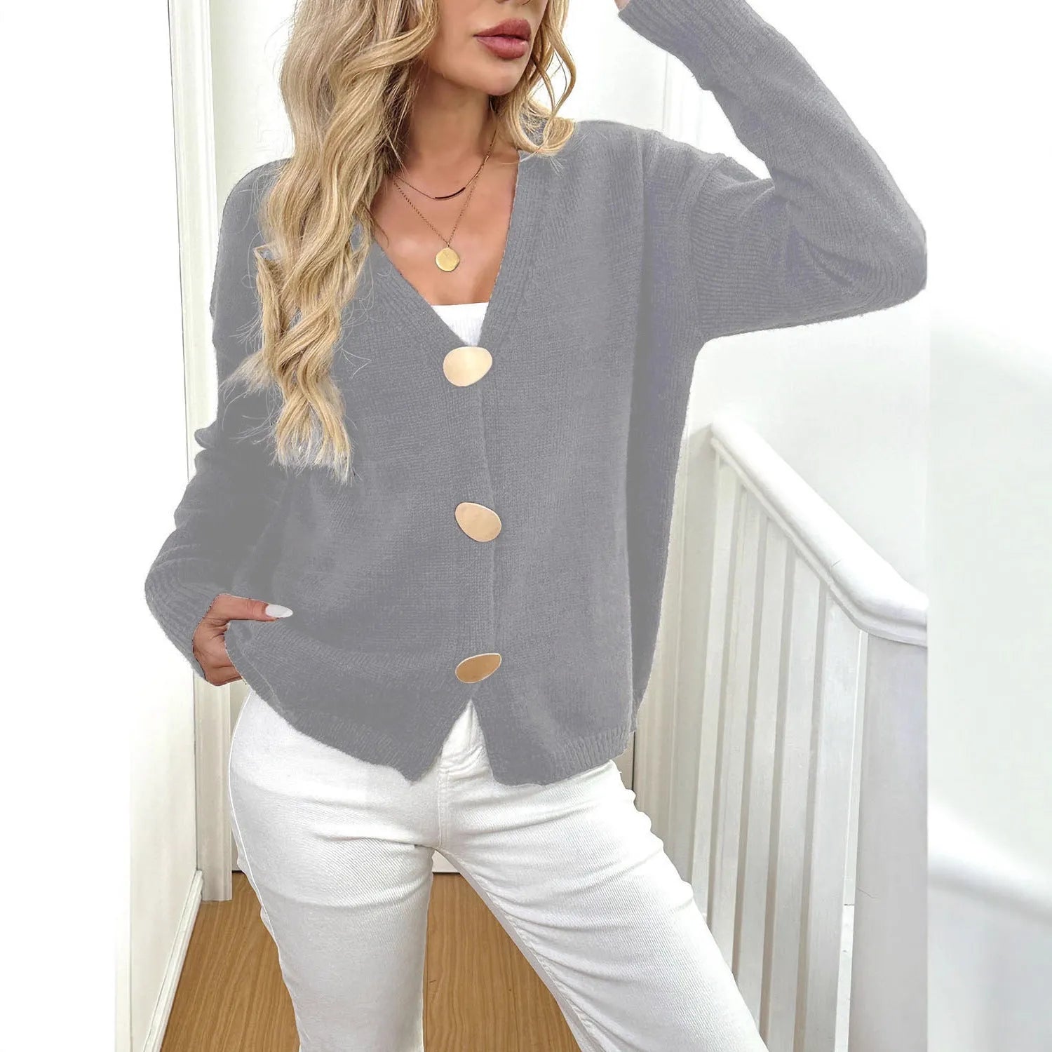 Women's deer plush sweater coat with princess sleeves and irregular street hipster cut in grey colour