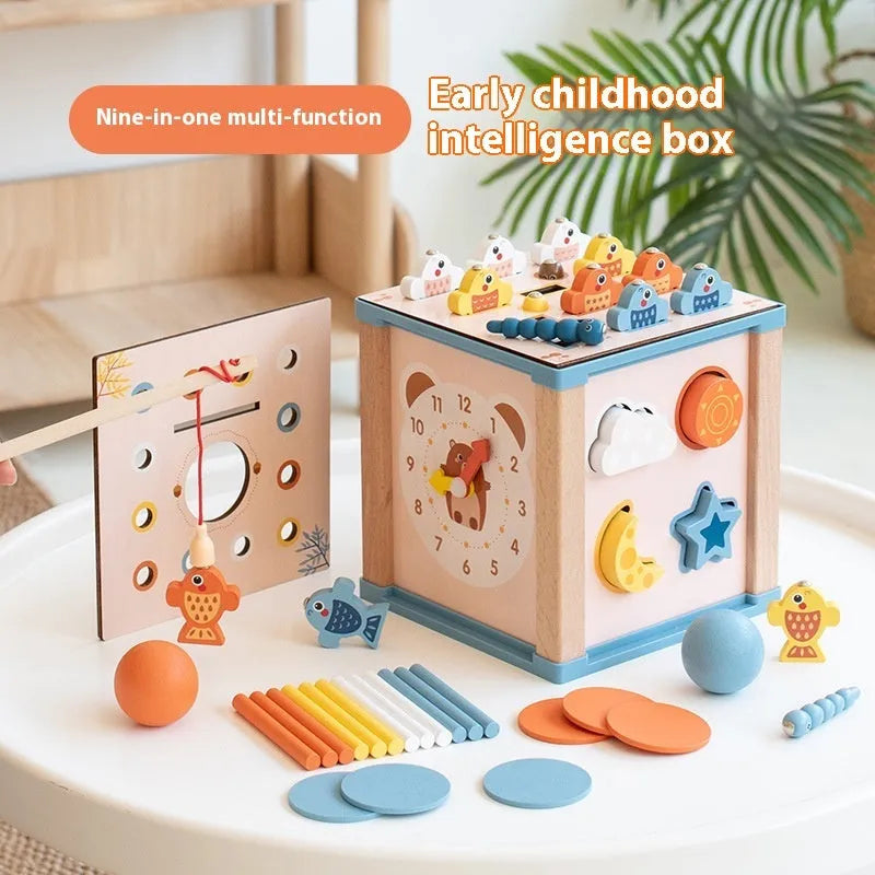 Wooden multifunctional building blocks treasure chest in Intelligence Box colour, 16.5cm cube for children aged 4-6