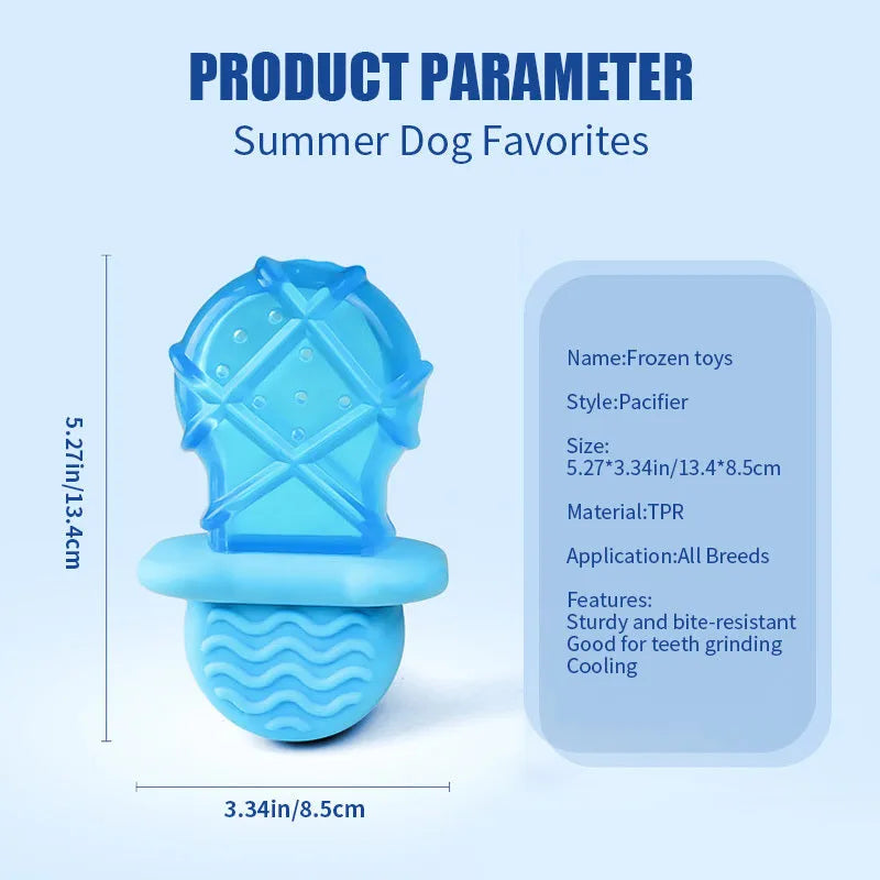 Set of three BPA-free silicone dog toys: a blue pacifier, a red popsicle, and a green ring, designed to be filled with water and frozen.