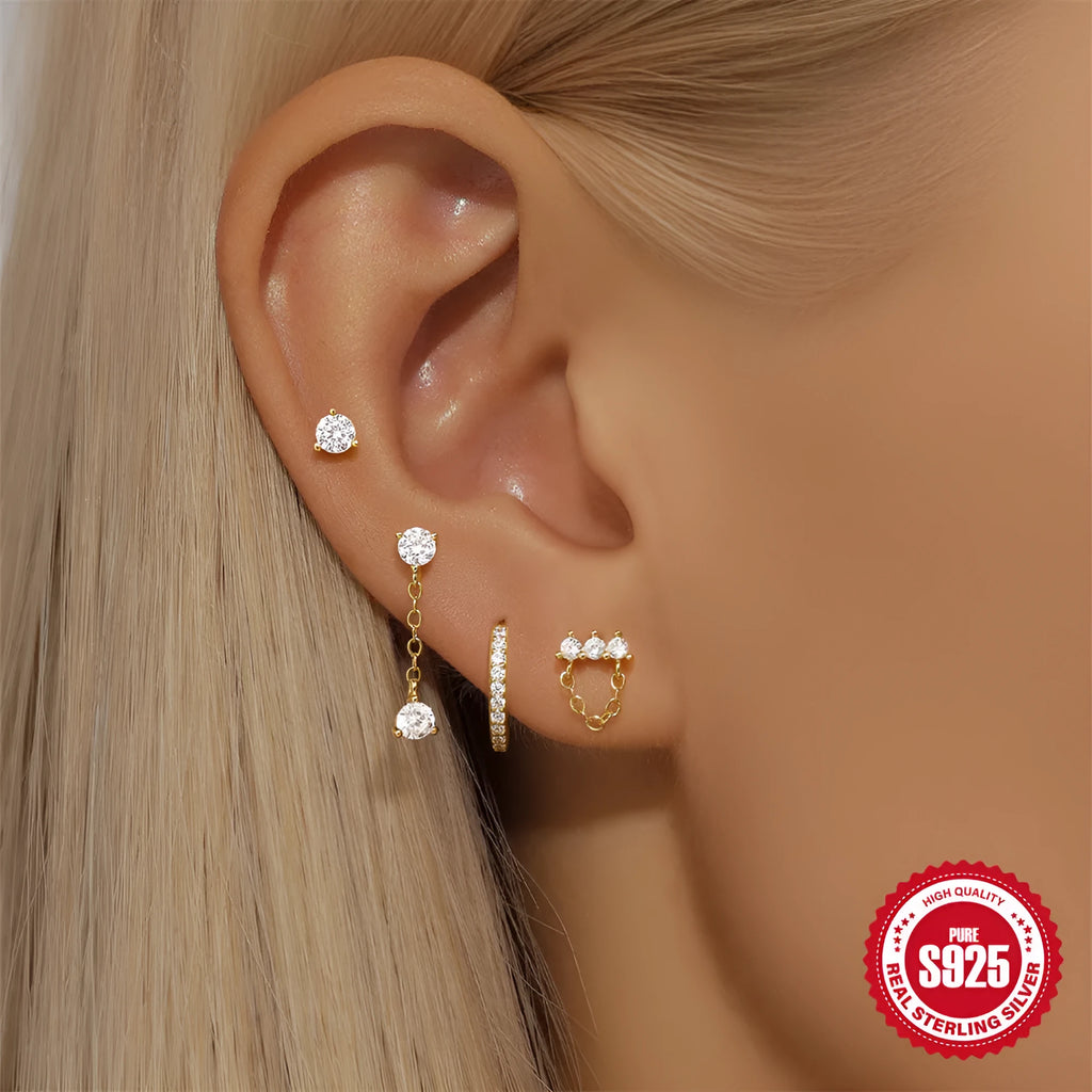 S925 sterling silver clover petal earrings with electroplated gold finish and geometric design