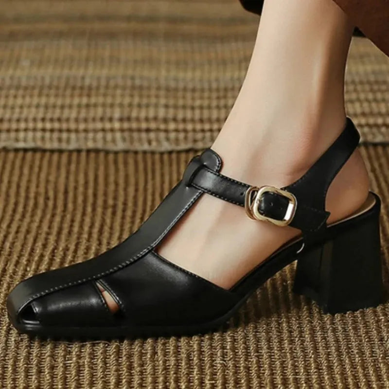 Hollow retro closed toe chunky heel sandals for women, leather upper, black and dark brown colour options