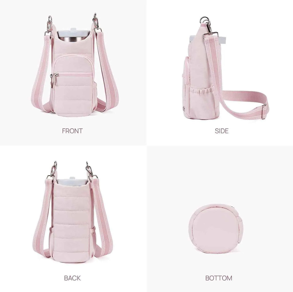 Cloth water bottle bag for bicycles in beige, black, or pink colour.