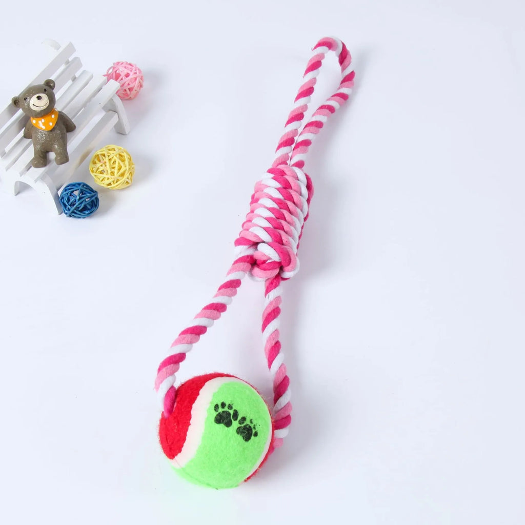 Red, white, and blue cotton rope tug toy for dogs, shown at its 38cm length.