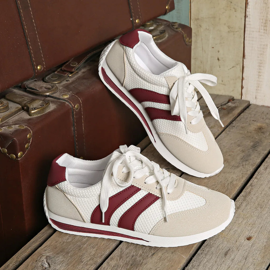 Wine red Cortez retro sneaker with breathable mesh surface and cross straps, low top flat heel, sizes 36-43