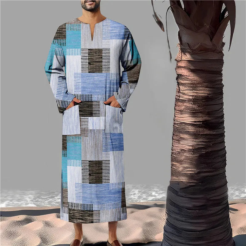 Men's loose bamboo linen robe in colour matching pattern, classic Arabic long style, sizes S to XXXL