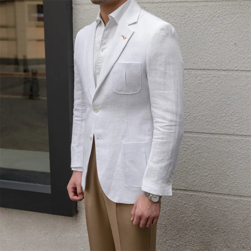 Thin breathable 100% linen casual suit jacket with double-breasted button placket in white, sky blue, and caramel colours