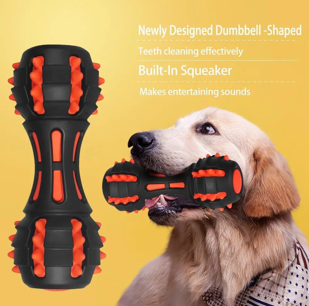 Red rubber dumbbell-shaped dog chew toy with squeaker for medium and large breed aggressive chewers.
