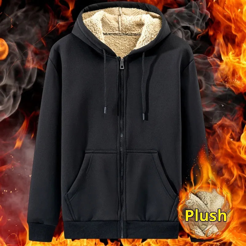 Men's black hooded zipper cardigan jacket with wool lining, loose fit, long sleeves, sizes M to 5XL