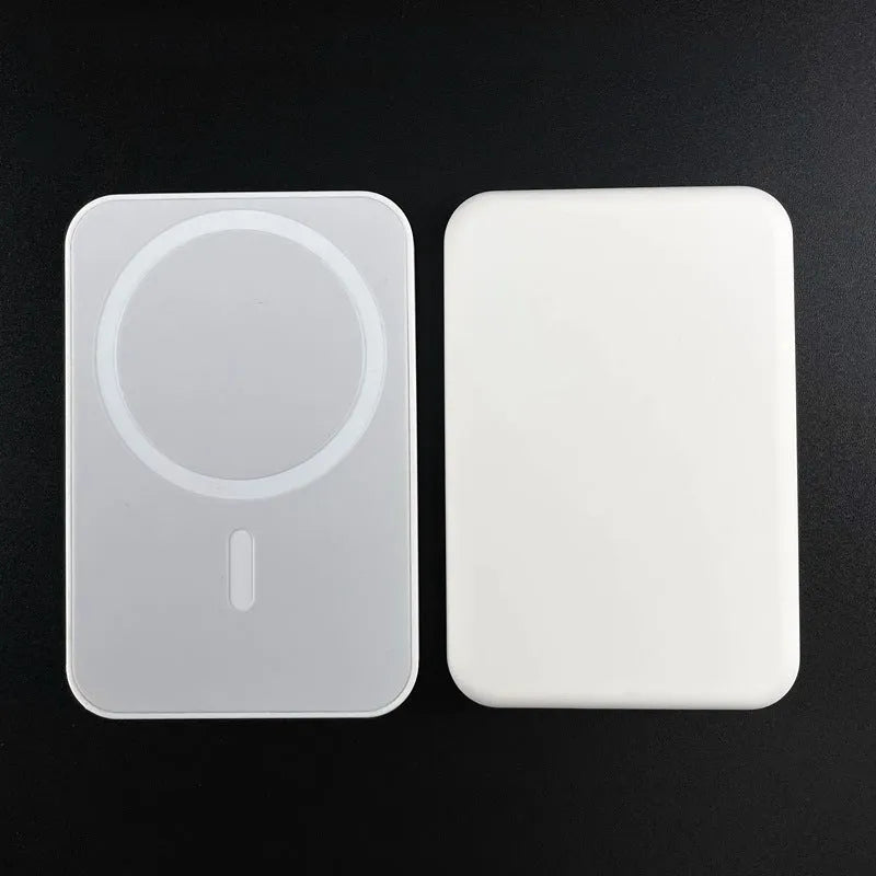 Magnetic wireless charger power bank in white colour showing 5000mAh capacity and compact dimensions