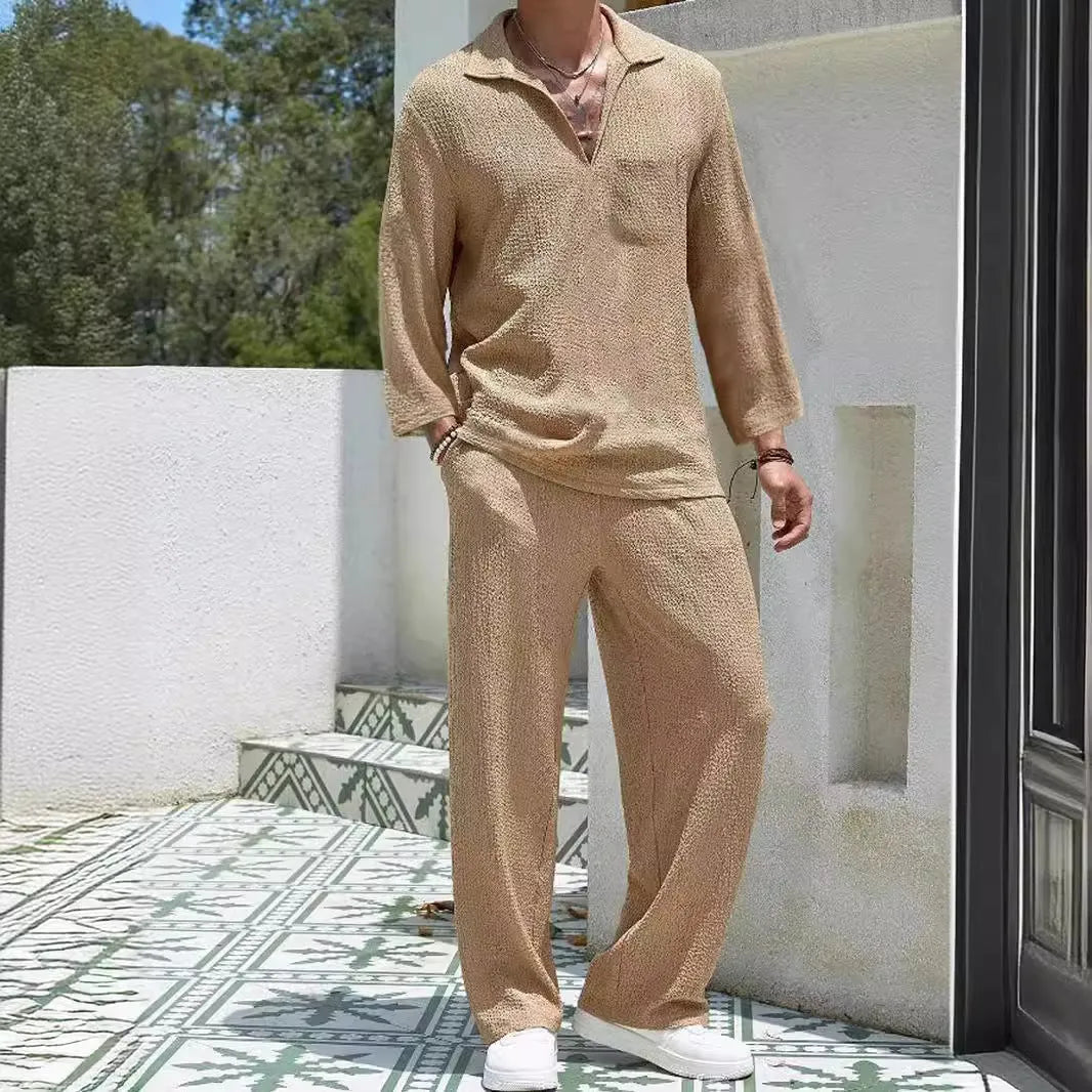 Men's casual shirt and trouser suit set in polyester fabric, shown in lake blue colour.