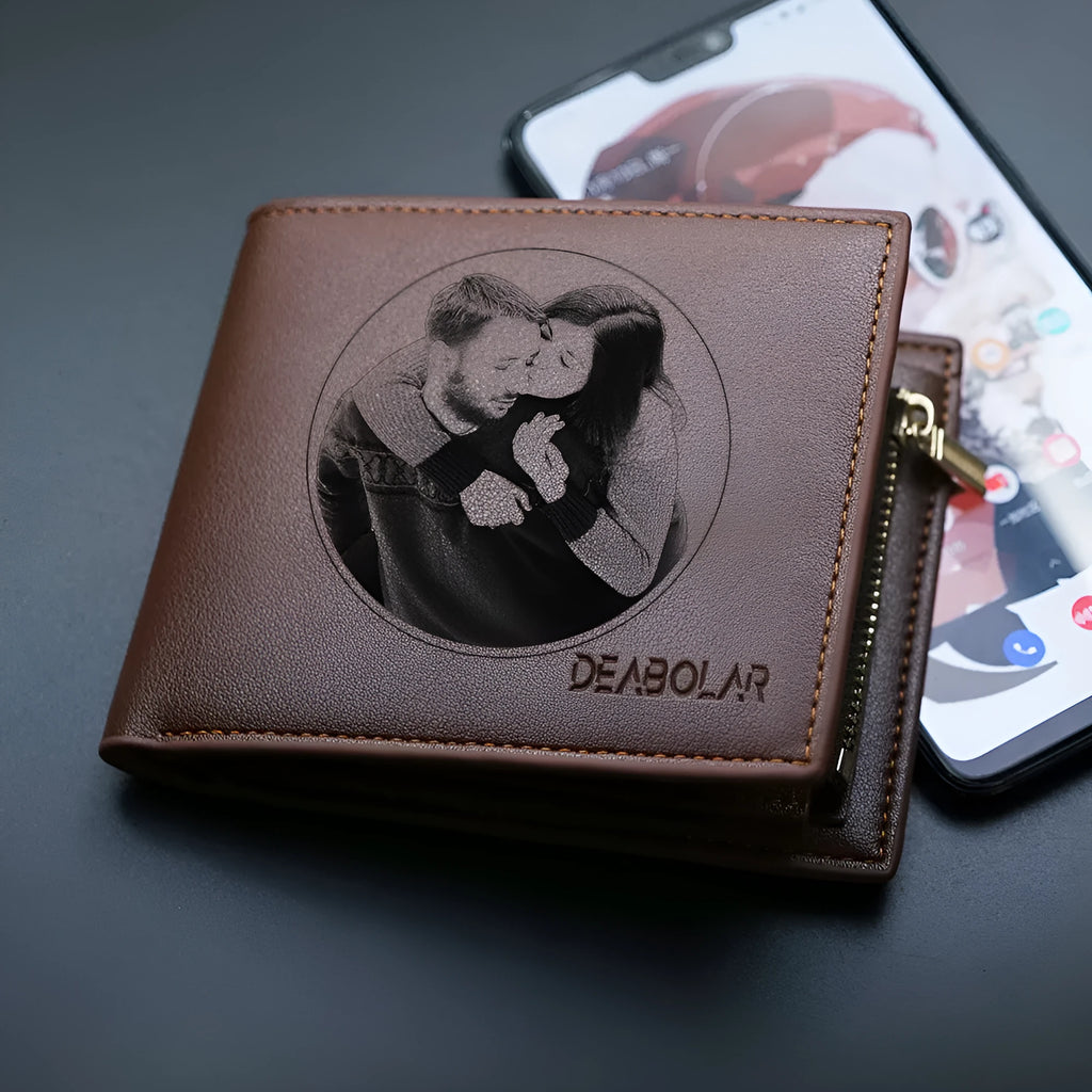 Men's brown leather wallet with a silver zipper closure, shown with individual packaging.