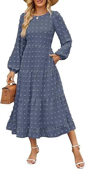 Long sleeve casual dress with ruffle sleeves and high waist in solid colour.