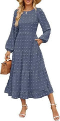 Long sleeve casual dress with ruffle sleeves and high waist in solid colour.