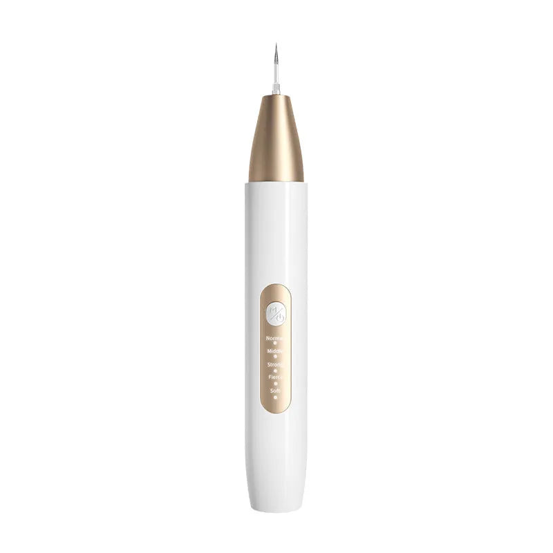Gold-coloured ultrasonic tooth cleaning device for removing tartar and stains.