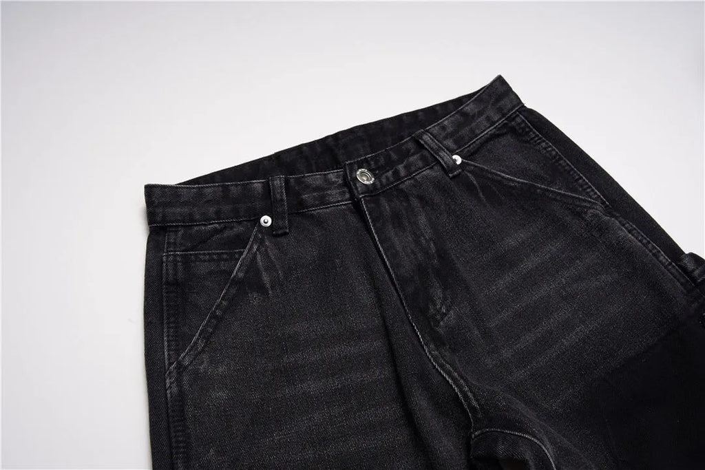 Black micro flared patchwork jeans with raw edge seams and loose straight tube leg, sizes S to 2XL