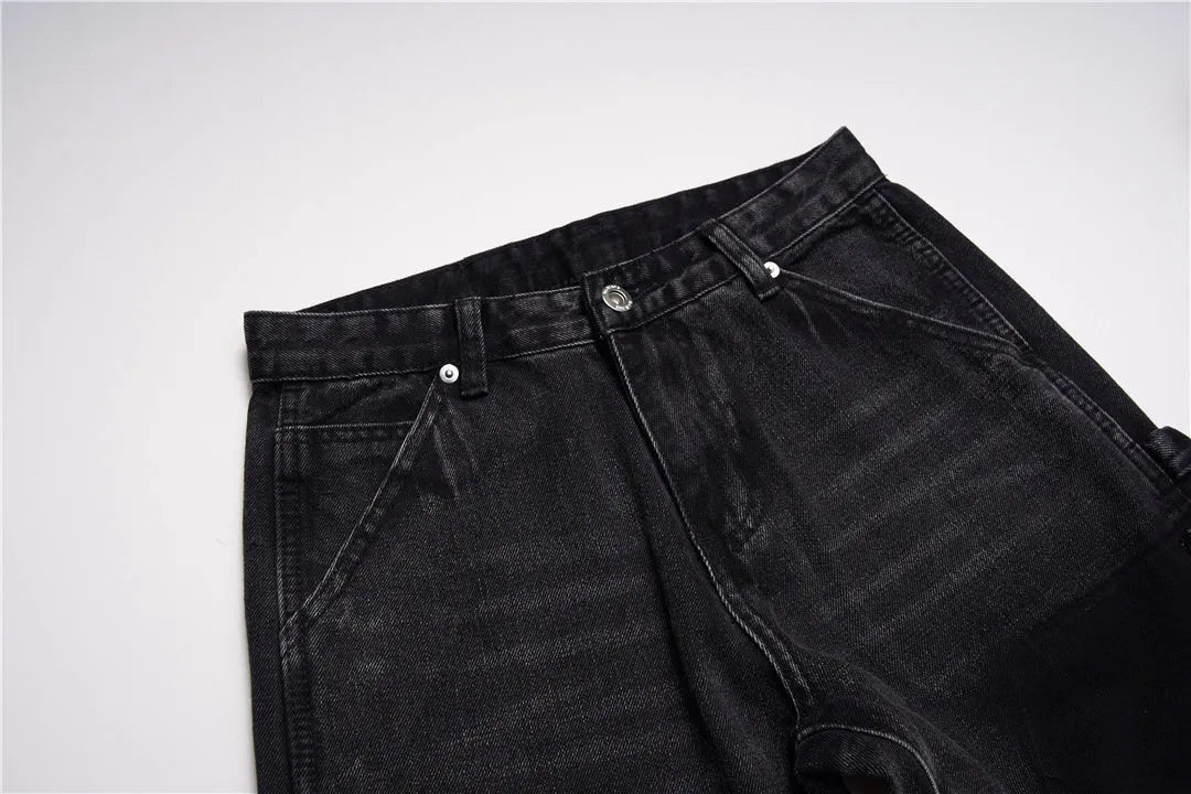 Black micro flared patchwork jeans with raw edge seams and loose straight tube leg, sizes S to 2XL