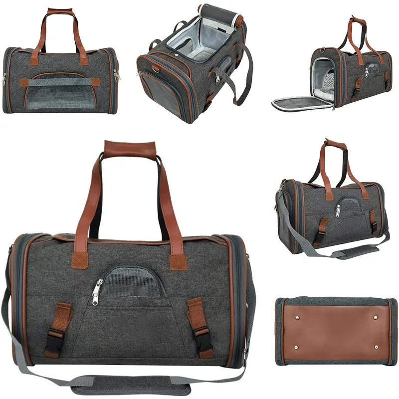 Large capacity waterproof Oxford pet bag in dark gray for cats and dogs