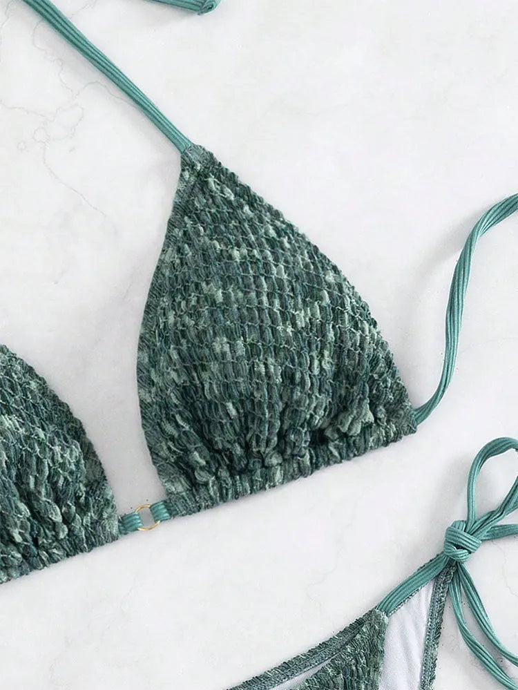Women's green backless halter swimsuit bikini set with shorts