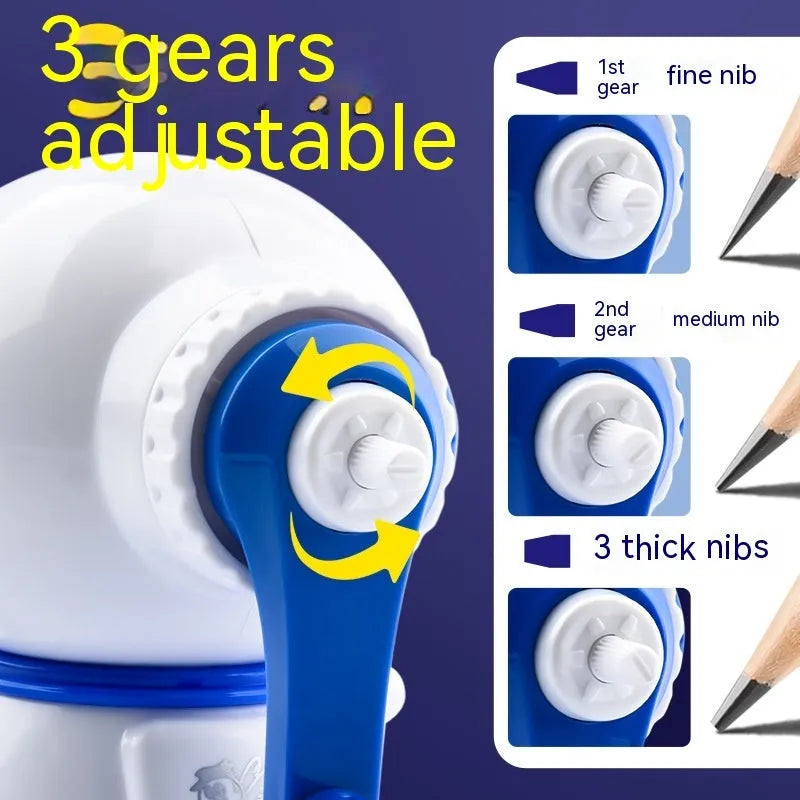 Cartoon astronaut themed manual pencil sharpener with adjustable settings and anti-jam mechanism